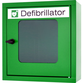 Stahl - Wandkasten, Wandhalterung für Defibrillator Heartsave, in Signalgrün, (HxBxT):40x40x22 cm - ohne oder mit Alarm