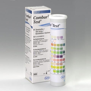 Combur 9 -Test ®, Urintest für Nitrit, Keton, Bilirubin, Leukozyten, pH-Wert, Eiweiß, Glukose, Urobilinogen und Blut im Harn, 50 Teststreifen