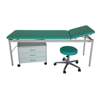 MainMed Untersuchungset: Patienten-Liege 65 cm/ Unterfahrwagen 64 cm / Drehhocker - versch. Polsterfarben zur Auswahl