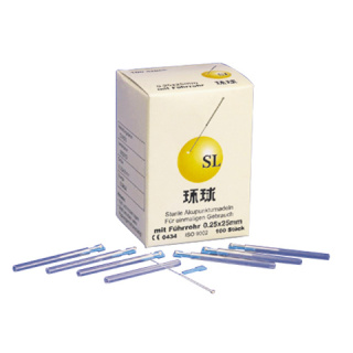 SL-Akupunkturnadeln, 100 St. mit Führrohr - mit gedrehtem Silbergriff - 0,30 x 25 mm
