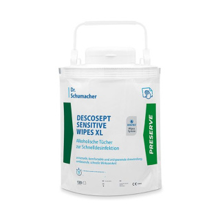 DESCOSEPT SENSITIVE  Wipes XL, Vliestuchspender Tuchgröße 17,5 x 36 cm, 120 Stck - extragroße Tücher im Standbeutel