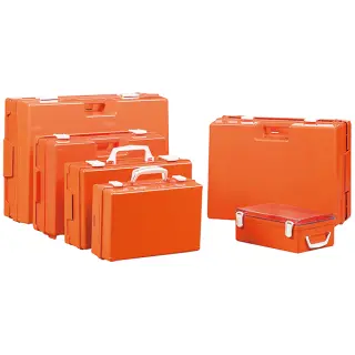 Notfallkoffer leer, orangener Kunststoff, verschiedene Größen und Einteilungen