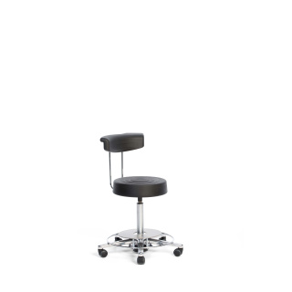 Greiner Arbeitsstuhl mit Rücken, Polster Integralschaum Schwarz, Fußkreuz poliert, Fußauslösung und Fußring, Polster 36 cm D, Sicherheitsrollen, Höhenverstellung 51 - 71 cm