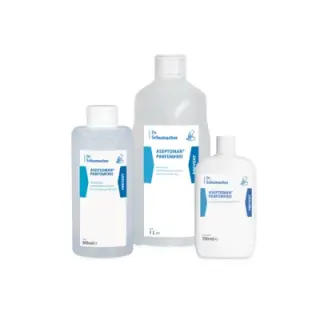 Schumacher Aseptoman parfümfrei, alkoholisches Händedesinfektionsmittel, 150 ml Kittelflasche - rückfettende Eigenschaften